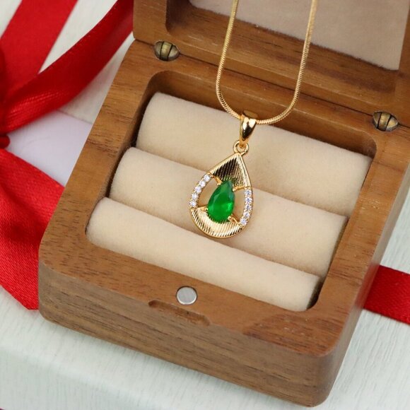 "Teardrop Green Pendant with Sparkling Accents in Gold Finish, XPPT1689 - Picture 3 of 13